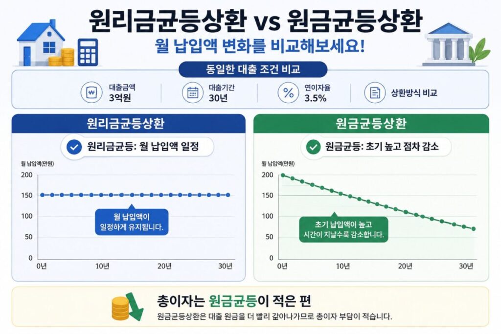 원리금균등상환과 원금균등상환의 월 납입액 및 총이자 비교