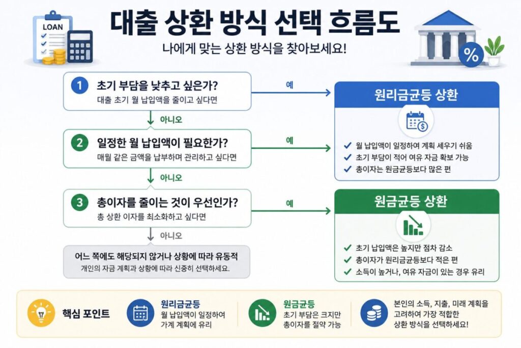 월 상환 부담과 총이자를 기준으로 대출 상환 방식을 선택하는 흐름도