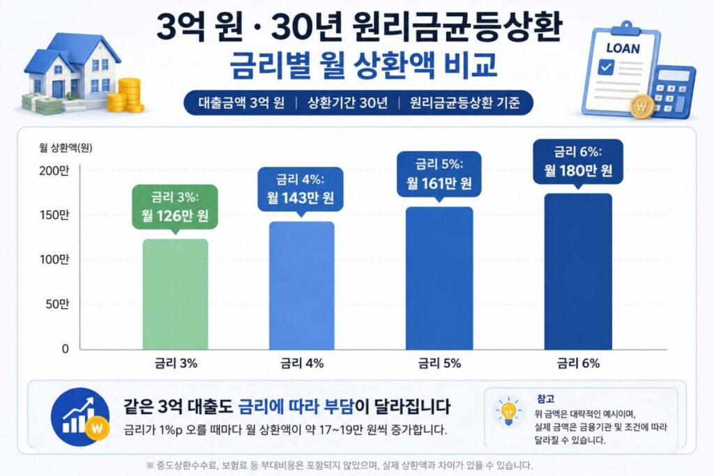 3억 대출 30년 금리 3% 4% 5% 6% 월 상환액 비교