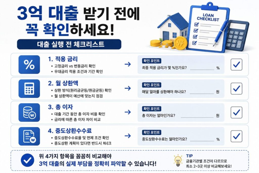 3억 대출 실행 전 적용금리 월 상환액 총이자 중도상환수수료 확인 항목