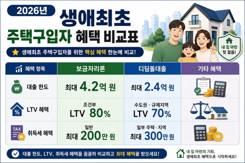 2026년 생애최초 주택구입자 대출 LTV 취득세 혜택 비교