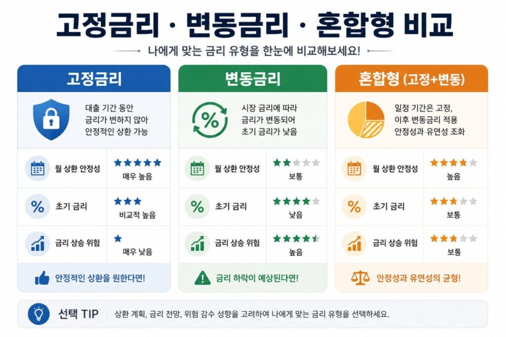 소득 안정성·보유기간·금리 상승 감당 여부에 따라 고정금리와 변동금리를 선택하는 흐름도