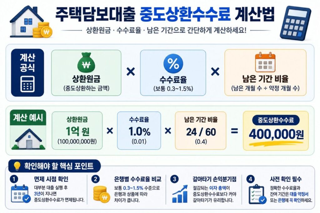 상환원금·수수료율·남은 기간으로 주택담보대출 중도상환수수료를 계산하는 심플한 공식 카드