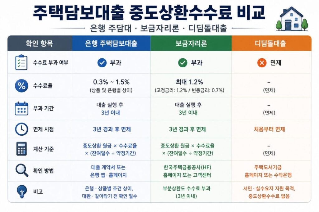 은행 주택담보대출·보금자리론·디딤돌대출의 중도상환수수료 확인 항목을 비교한 심플한 표