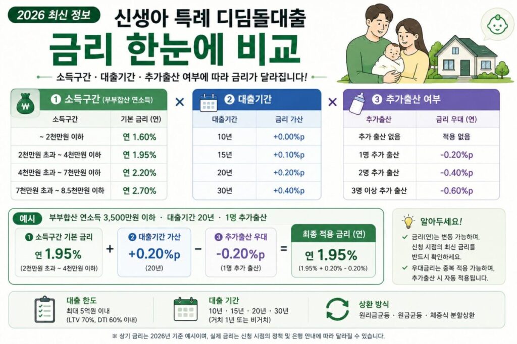 소득구간·대출기간·추가출산 여부에 따라 신생아 특례 디딤돌대출 금리가 달라지는 비교 카드
