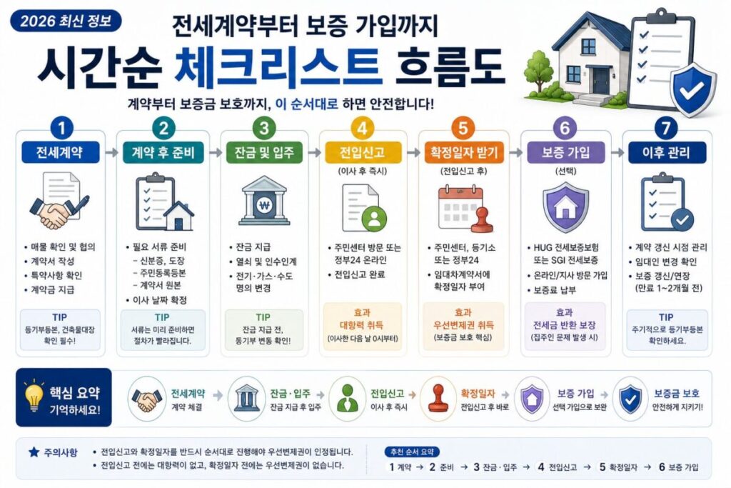 전세계약부터 잔금·전입신고·확정일자·보증 가입까지 시간순으로 정리한 체크리스트 흐름도