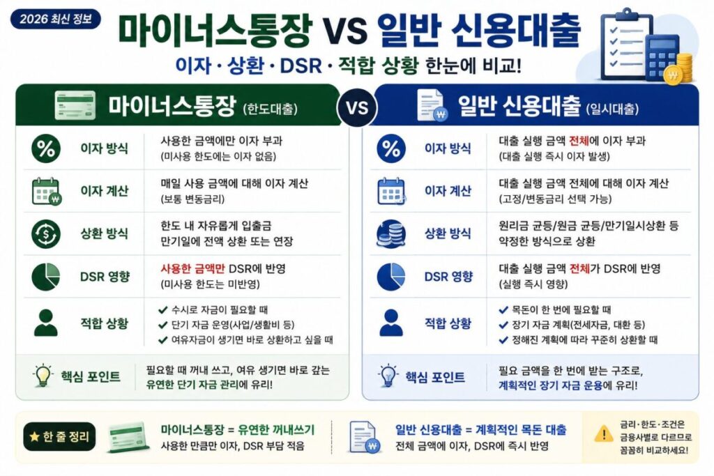 마이너스통장과 일반 신용대출의 이자·상환·DSR·적합 상황을 비교하는 2단 카드