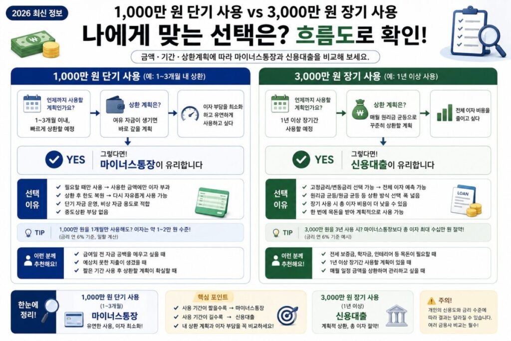 1,000만 원 단기 사용과 3,000만 원 장기 사용을 비교해 마이너스통장·신용대출 선택을 보여주는 흐름도