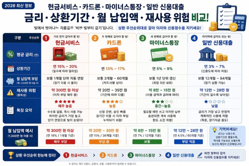 현금서비스·카드론·마이너스통장·일반 신용대출을 금리, 상환기간, 월 납입액과 재사용 위험으로 비교한 우선순위 카드
