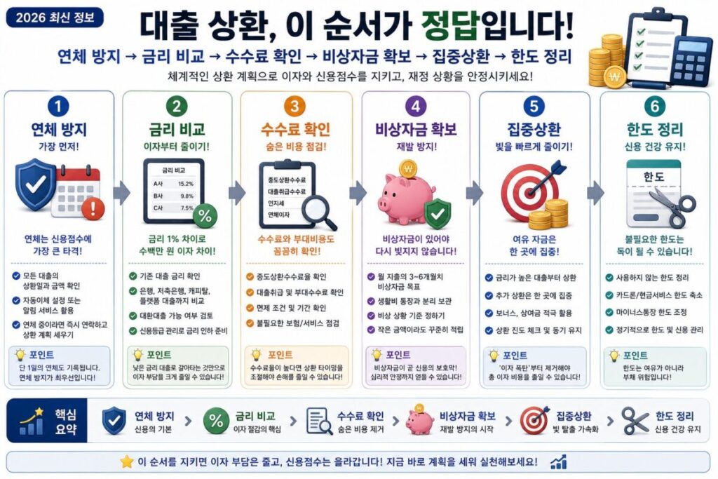 연체 방지 → 금리 비교 → 수수료 확인 → 비상자금 확보 → 집중상환 → 한도 정리 순서로 구성한 대출 상환 흐름도