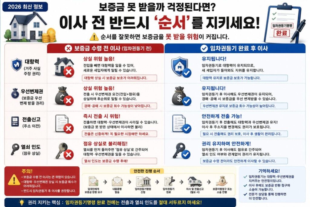 보증금 수령 전 이사와 임차권등기 완료 후 이사를 비교해 대항력·우선변제권·전출·열쇠 인도 위험을 보여주는 주의 카드
