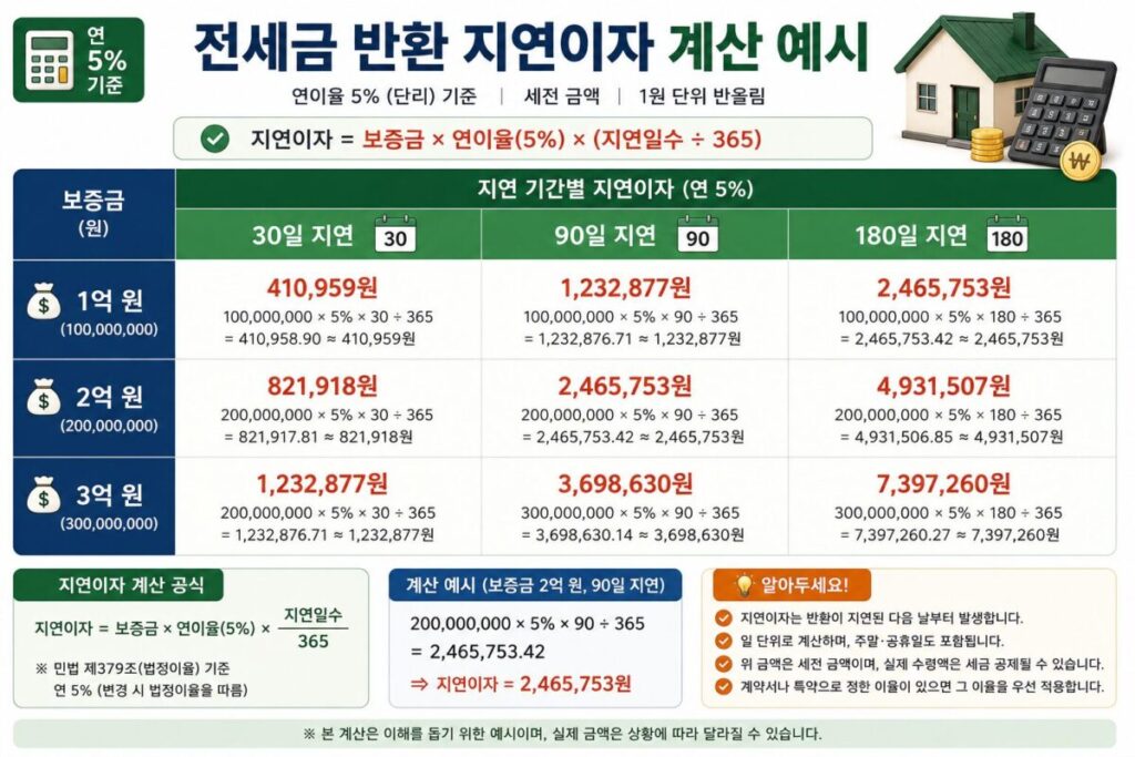 전세금 반환 지연이자 연 5퍼센트 보증금별 계산 예시