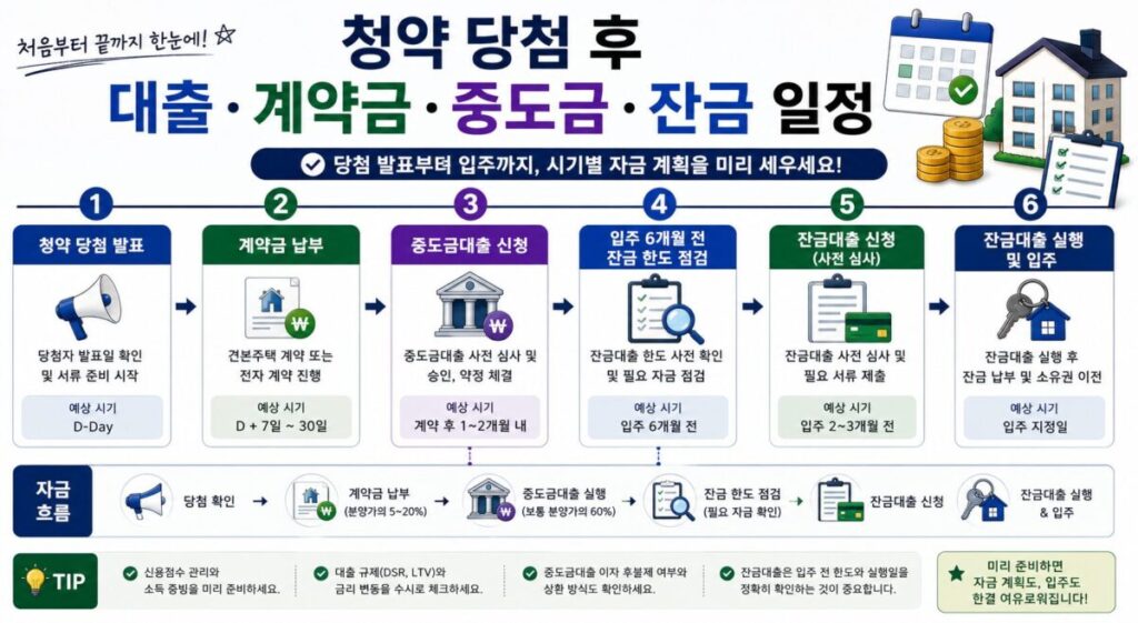 청약 당첨 후 대출 계약금 중도금 잔금 일정 타임라인
