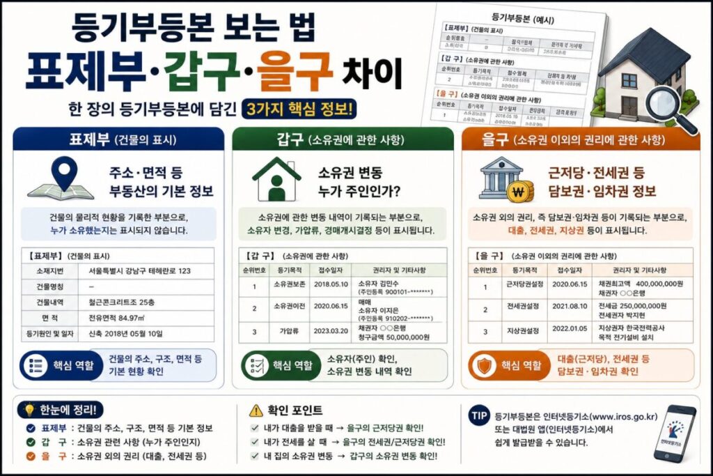 등기부등본 보는 법 표제부 갑구 을구 차이